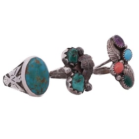 (3 Pc) Navajo Sterling Silver & Semi Precious Stone Rings