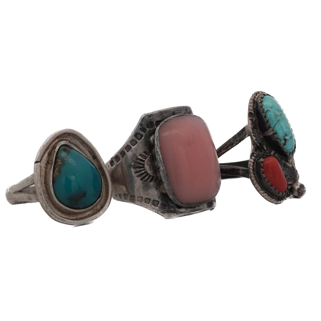 (3 Pc) Navajo Sterling Silver & Semi Precious Stone Rings (1 of 8)