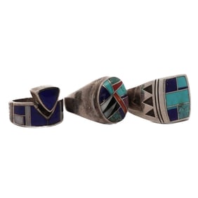 (3 Pc) Navajo Sterling Silver & Stone Inlay Rings
