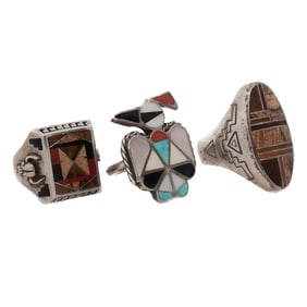 (3 Pc) Navajo Sterling Silver & Stone Inlay Rings