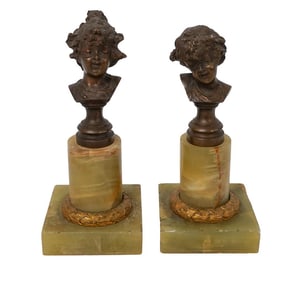 (2pc) Antique Bronze & Onyx Sculptures