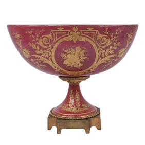 Antique Gilt-Enameled Porcelain Dish With Bronze Base, Marked