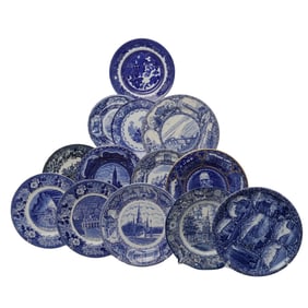 (17pc) Staffordshire England Blue and White Porcelain Plates