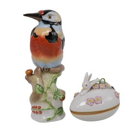 (2pc) Herend Porcelain Bird Sculpture and Bunny Trinket Box