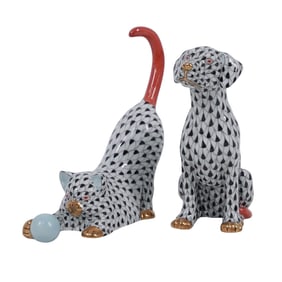 (2pc) Herend "Black Fishnet" Porcelain Figurines