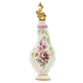 19th C. KPM Porcelain Floral Perfume Bottle & Dolphin Stopper