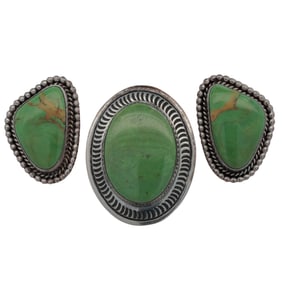 (2 Pc) Native American Sterling Silver & Green Turquoise Jewelry