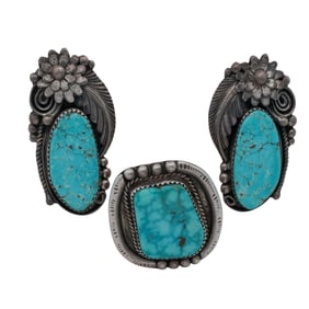(3 Pc) Navajo Sterling Silver & Turquoise Jewelry