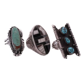 (3 Pc) Native American Sterling & Semi-Precious Stone Rings