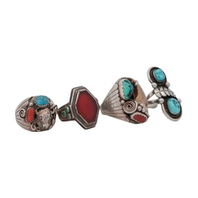 (4 Pc) Native American Silver & Semi-Precious Gemstone Rings