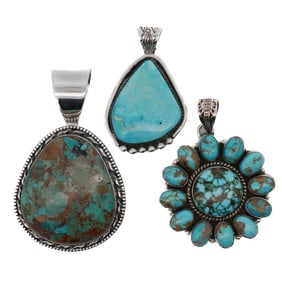 (3 Pc) Native American Sterling & Turquoise Pendants