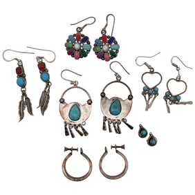 (6 Pc) Signed Navajo Sterling Silver & Semi Precious Stone Earrings