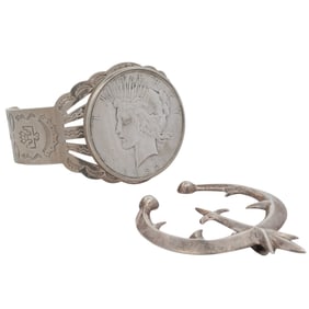 (2 Pc) 1922 Peace Silver Dollar Cuff Bracelet & Silver Navajo Naja Pendant