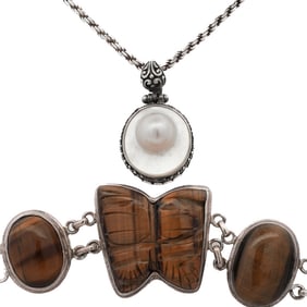 (2 Pc) Vintage Sterling Silver Tigers Eye & Mother of Pearl Jewelry Lot