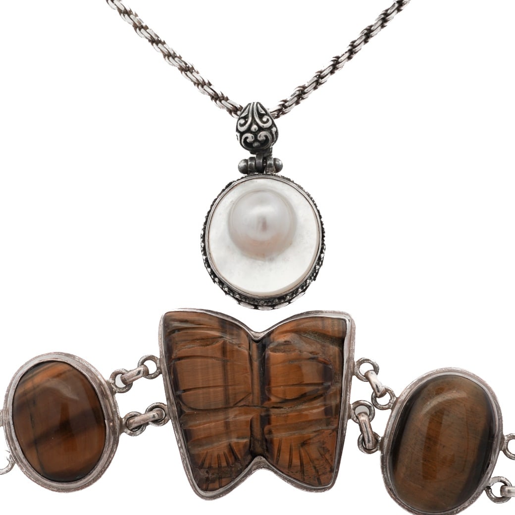 (2 Pc) Vintage Sterling Silver Tigers Eye & Mother of Pearl Jewelry Lot (1 of 5)