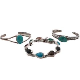(3 Pc) Southwest Sterling & Semi Precious Stone Bracelets