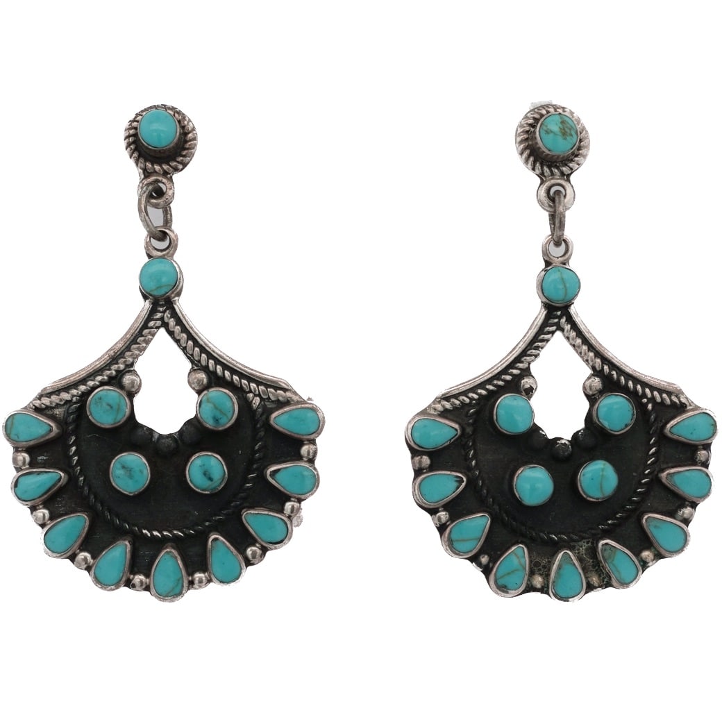 Mexican Esperanza Sterling Silver & Turquoise Earrings: Mexican Esperanza Sterling Silver & Turquoise Earrings20th Cent., MexicoPair of Mexican sterling silver chandelier earrings, featuring a crescent shaped drop adorned with teardrop and round turquoise
