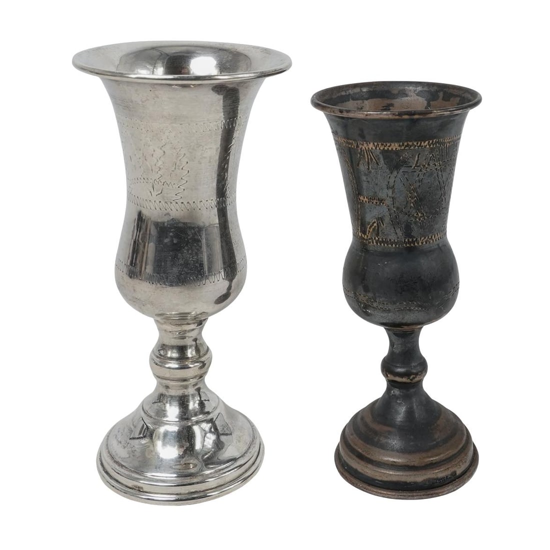 Antique Pair of Sterling Silver Judaica Kiddush Cups: Antique Pair of Sterling Silver Judaica Kiddush Cups20th century , USA2pc Antique Pair of Sterling Silver hallmarked Judaica kiddush cups which are goblets used in jewish rituals to hold wine or grape