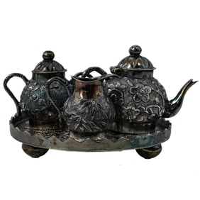 (4 Pc) Miniature Sterling Silver Repoussé Japanesque Tea Set