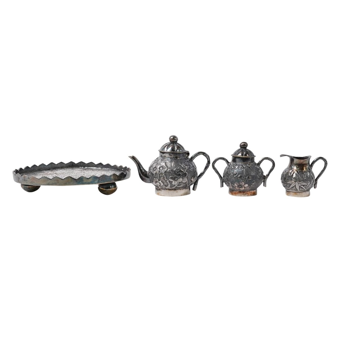 (4 Pc) Miniature Sterling Silver Repoussé Japanesque Tea Set (1 of 11)