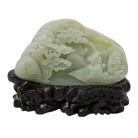Chinese Carved Celadon Jade "Mountain" Figure On Hardwood Base