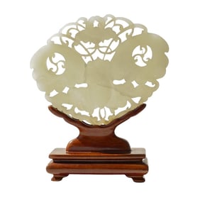 Chinese Carved Pale Celadon Jade Butterfly Plaque On Hardwood Stand