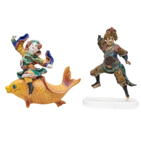 (2 pcs) Chinese Sancai Ceramic Warrior Figure Roof Tiles