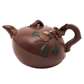 Signed Chinese Gingko Painted Stoneware Teapot