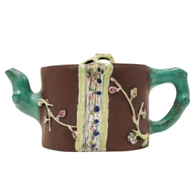 19th c. Chinese Yixing Zisha Clay & Enamel Ceramic Teapot