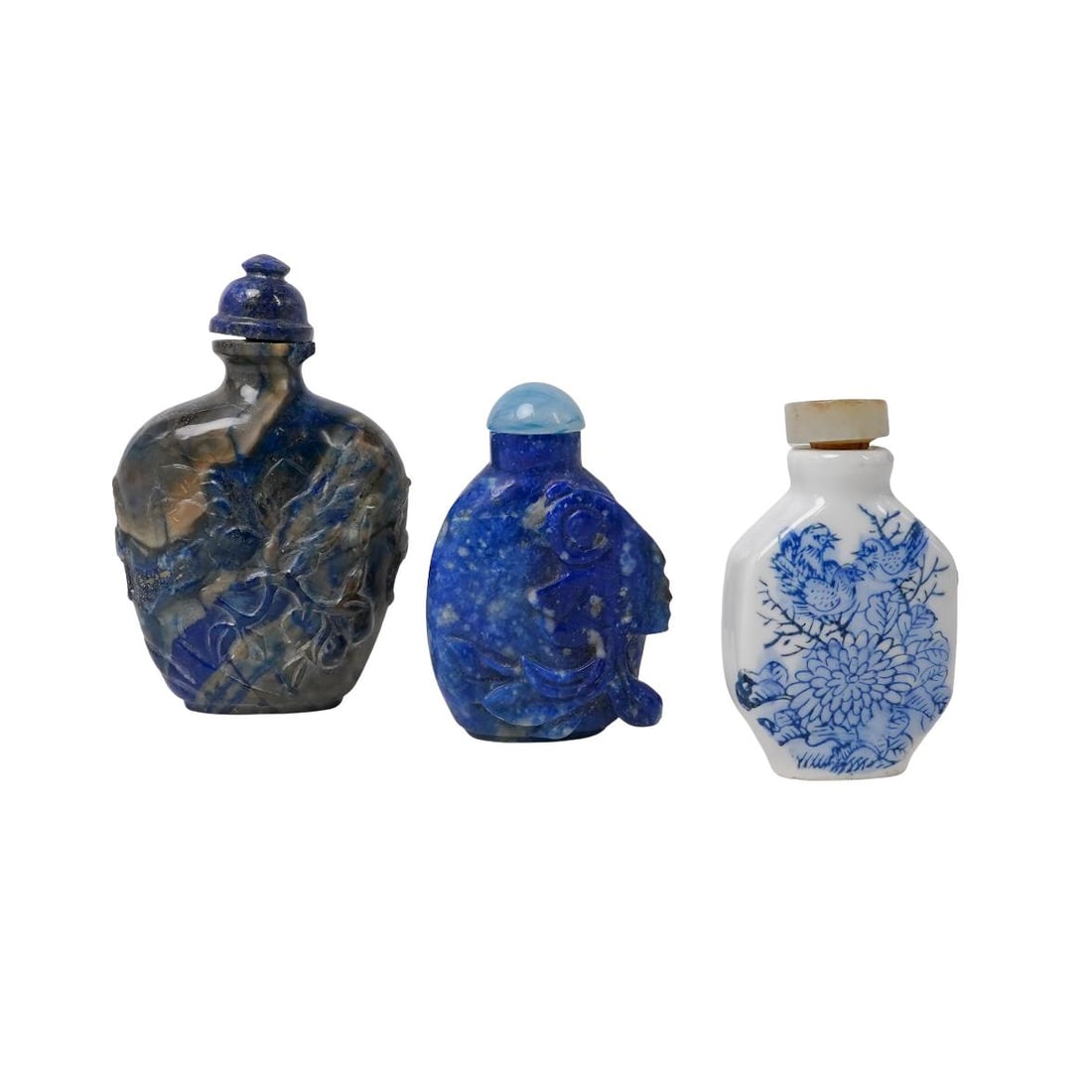 (3 pcs) Antique Chinese Lapis Lazuli Stone and Porcelain Snuff Bottles (1 of 6)