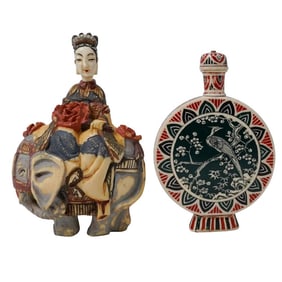 (2 pcs) Antique Chinese Carved Bone Enameled Bone Perfume Bottles