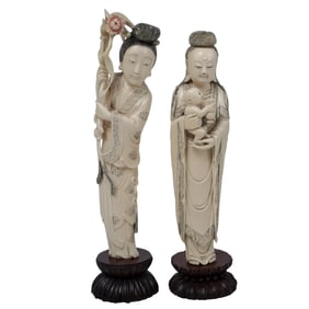 (2 Pc) Antique Chinese Carved Bone Guanyin & Songzi