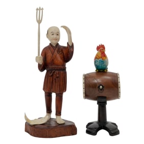 (2 Pc) Japanese Okimono Carved Bone and Wood Polychrome Figurines