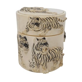 Antique Japanese Carved Bone and Polychrome Tiger Box