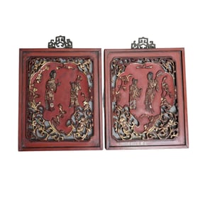 (2pc) Antique Chinese Gilt Lacquered Carved Wood Panels