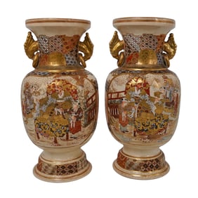 Pair Japanese Satsuma Hand Painted Enamel And Gilded Vases