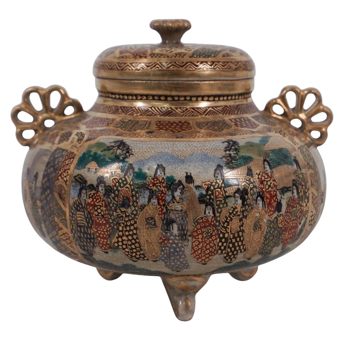 Japanese Satsuma Gilt And Enamel Earthenware Koro: Japanese Satsuma Gilt And Enamel Earthenware KoroLate 19th Cent. JapanThe piece is a Japanese Satsuma earthenware koro (incense burner) from the Meiji period (1868-1912). It is a lidded ceramic vessel