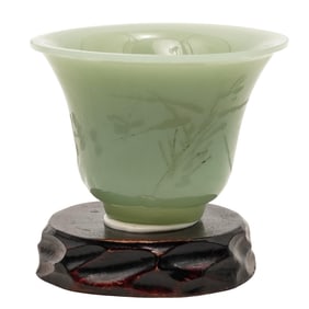 Japanese Jade Etched Floral Vase w/ Wooden Stand