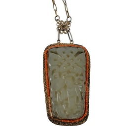 Chinese Export Hand Carved Jade Pendant With Gilt Silver Filigree Chain