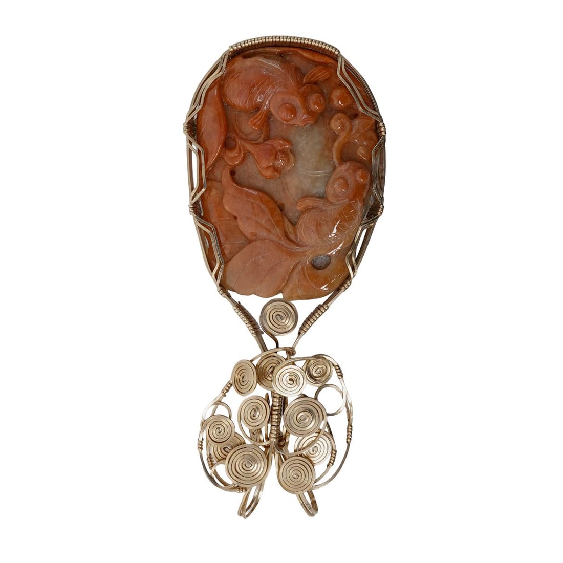 Vintage Chinese Carved Carnelian Agate Pendant In Gold Tone Wirework Mount (1 of 7)