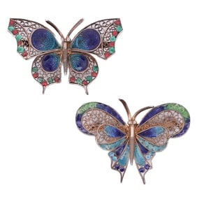 (2 Pc) Chinese 800 Silver Enamel Butterfly Brooches