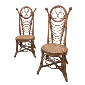Pair of Vintage Italian Rattan and Wicker Boudoir Chairs