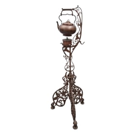 Antique Copper Tea Kettle on a Brushed Copper Iron Stand