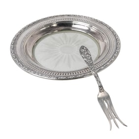 (2 pcs) Frank Whiting and Co. Sterling Silver Crystal Dish with Fork