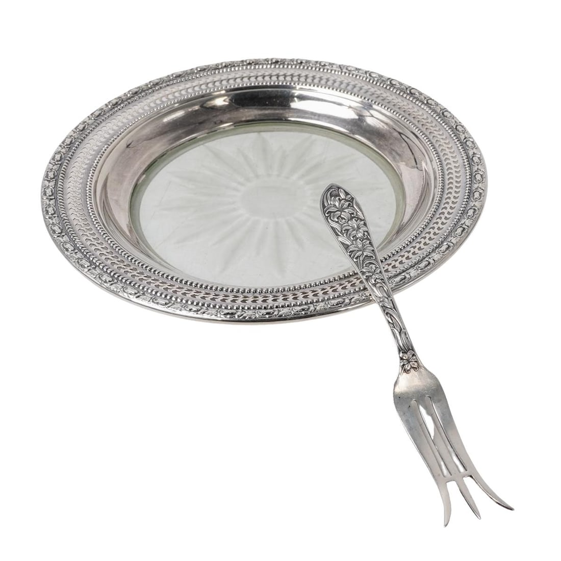 (2 pcs) Frank Whiting and Co. Sterling Silver Crystal Dish with Fork (1 of 8)