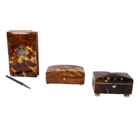 (3 Pc) Napoleonic French Tortoise Hued Boxes & Dance Card Notebook