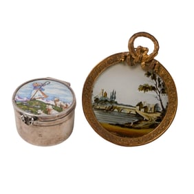(2 Pc) Antique Enameled Illustration & Sterling Silver Box