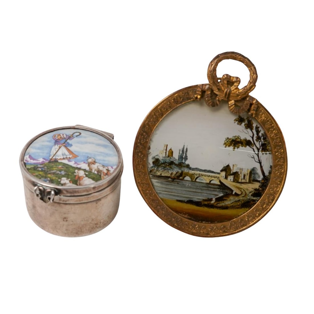 (2 Pc) Antique Enameled Illustration & Sterling Silver Box (1 of 10)