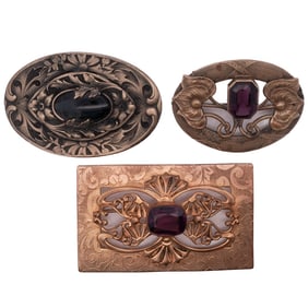 (3 Pc) Art Nouveau Brass & Stone Brooches