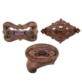 (3 Pc) Art Nouveau Brass & Stone Brooches
